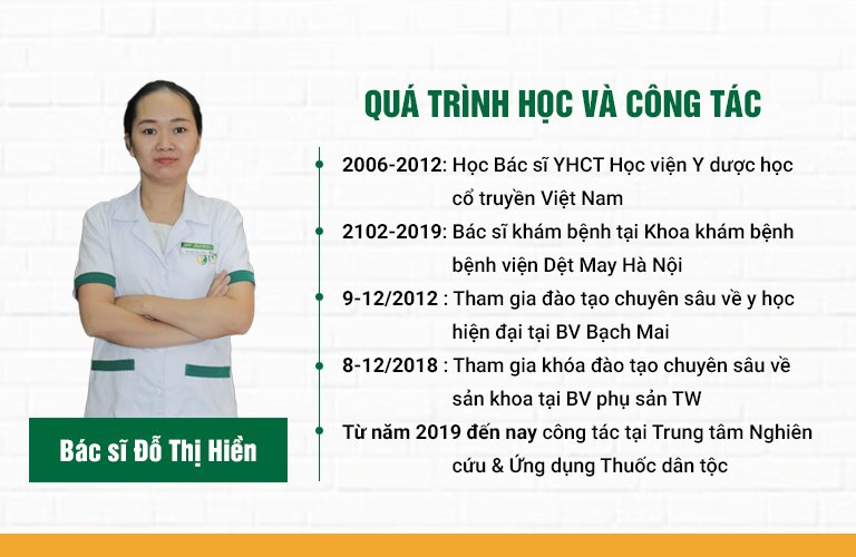 Bác sĩ Đỗ Thị Hiền là bác sĩ chuyên khoa da liễu tại TT Thuốc dân tộc