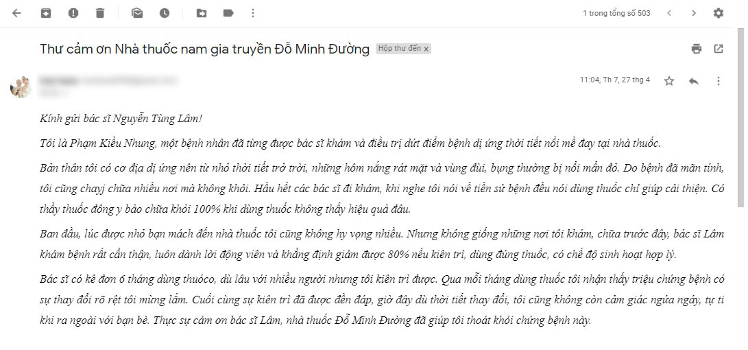 Ảnh chụp gmail của người bệnh dị ứng thời tiết đến Đỗ Minh Đường